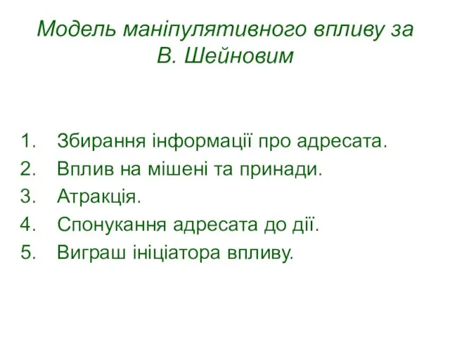 Модель маніпулятивного впливу за В. Шейновим Збирання інформації про адресата. Вплив