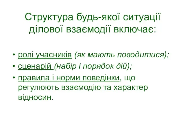 Структура будь-якої ситуації ділової взаємодії включає: ролі учасників (як мають поводитися);