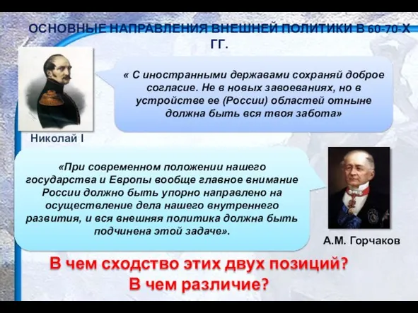 ОСНОВНЫЕ НАПРАВЛЕНИЯ ВНЕШНЕЙ ПОЛИТИКИ В 60-70-Х ГГ. В чем сходство этих двух позиций? В чем различие?