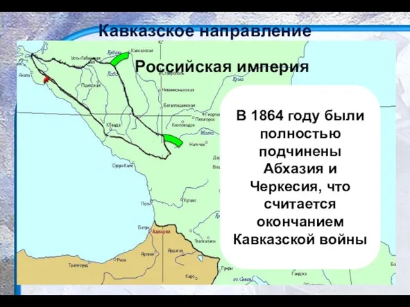 Российская империя Кавказское направление В 1864 году были полностью подчинены Абхазия