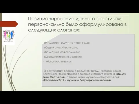 Позиционирование данного фестиваля первоначально было сформулировано в следующих слоганах: - «Ритм