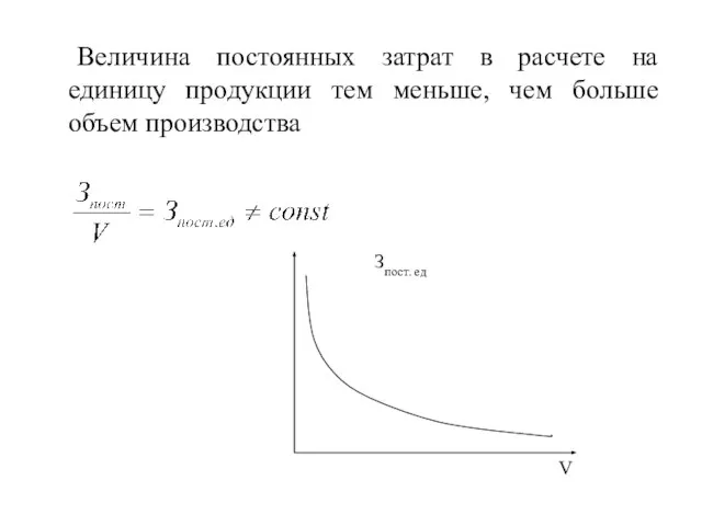 Величина постоянных затрат в расчете на единицу продукции тем меньше, чем больше объем производства