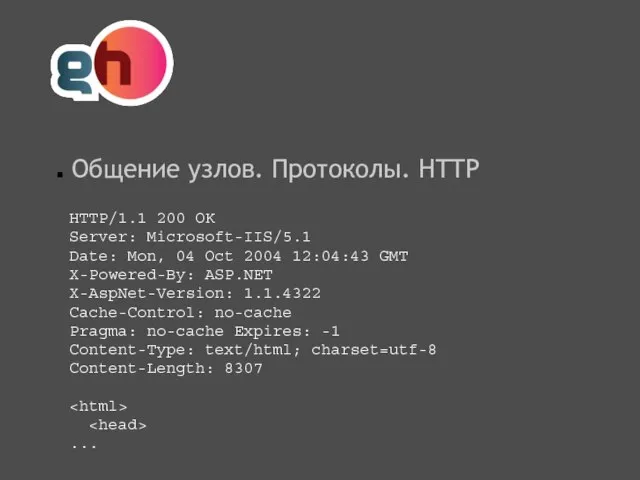 Общение узлов. Протоколы. HTTP HTTP/1.1 200 OK Server: Microsoft-IIS/5.1 Date: Mon,