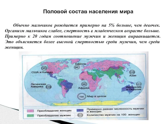 Половой состав населения мира Обычно мальчиков рождается примерно на 5% больше,