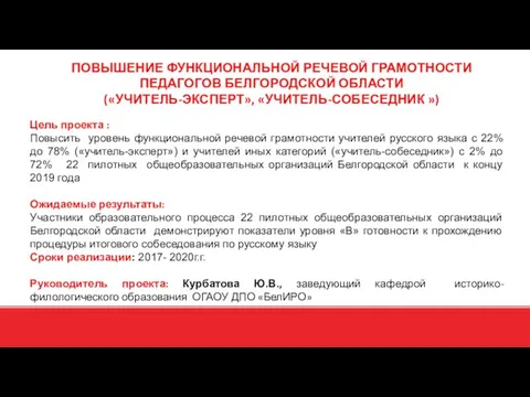 Цель проекта : Повысить уровень функциональной речевой грамотности учителей русского языка