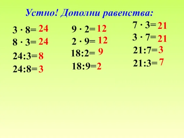 Устно! Дополни равенства: 3 ∙ 8= 8 ∙ 3= 24:3= 24:8=