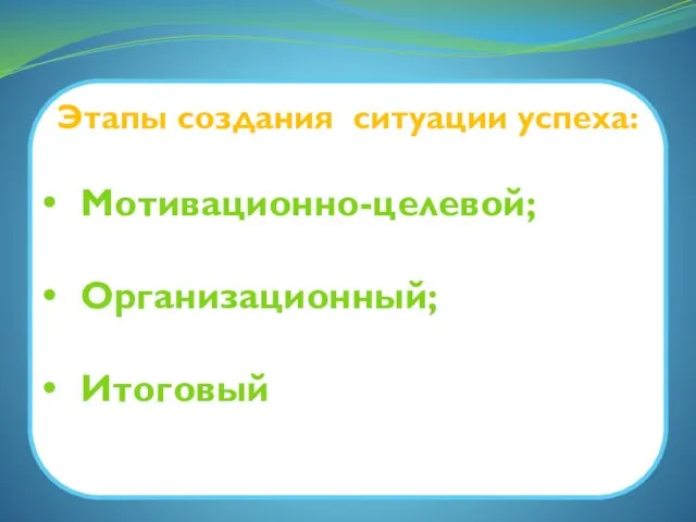 Этапы создания ситуации успеха: Мотивационно-целевой; Организационный; Итоговый