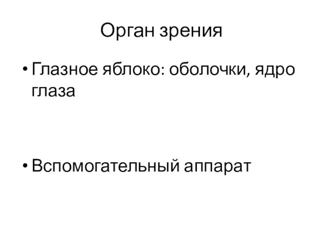 Орган зрения Глазное яблоко: оболочки, ядро глаза Вспомогательный аппарат