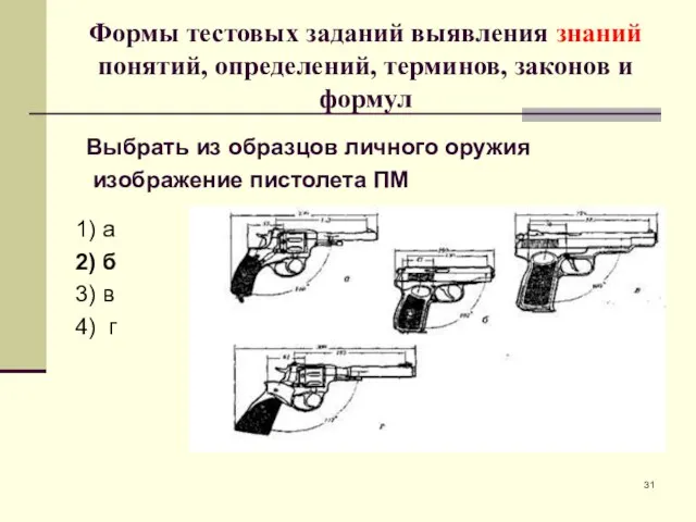 Формы тестовых заданий выявления знаний понятий, определений, терминов, законов и формул