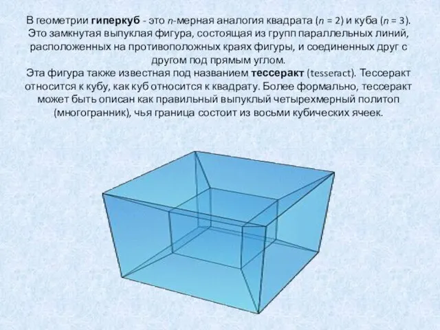 В геометрии гиперкуб - это n-мерная аналогия квадрата (n = 2)
