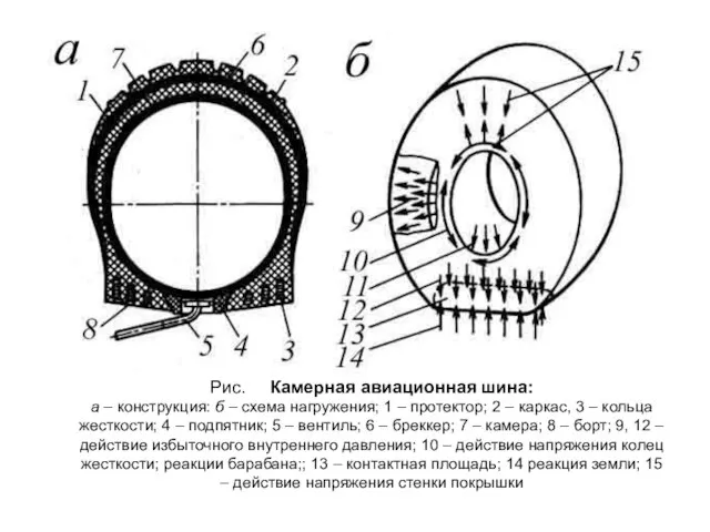 Рис. Камерная авиационная шина: а – конструкция: б – схема нагружения;