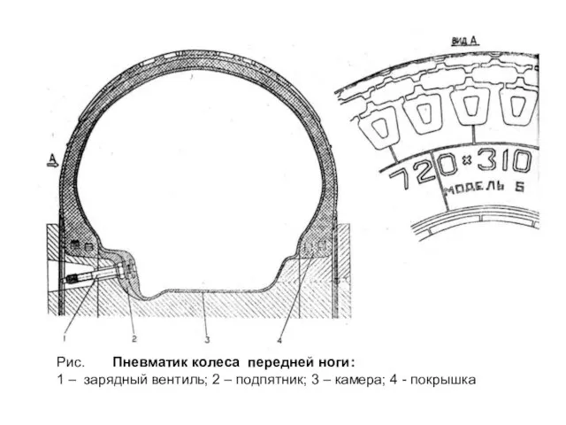 Рис. Пневматик колеса передней ноги: 1 – зарядный вентиль; 2 –