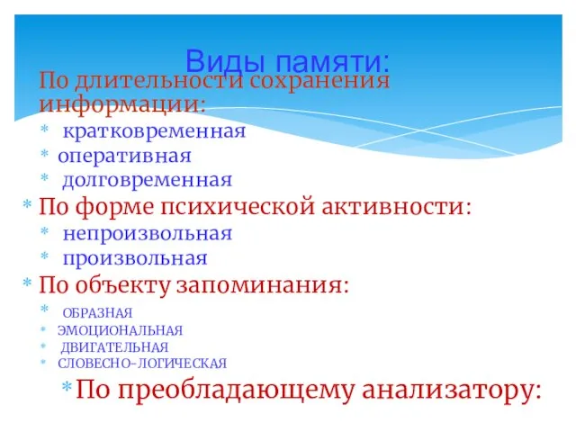 По длительности сохранения информации: кратковременная оперативная долговременная По форме психической активности: