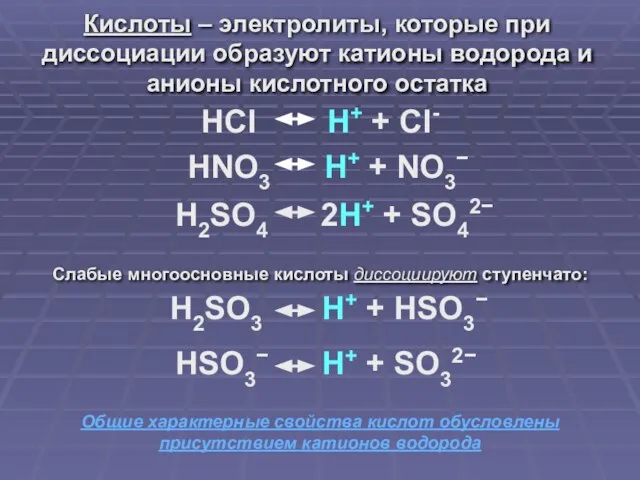 HSO3− H+ + SO32− Кислоты – электролиты, которые при диссоциации образуют