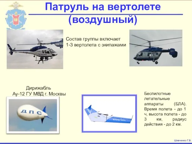 Патруль на вертолете (воздушный) Дирижабль Ау-12 ГУ МВД г. Москвы Беспилотные