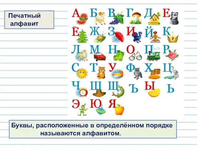 Буквы, расположенные в определённом порядке называются алфавитом. Печатный алфавит