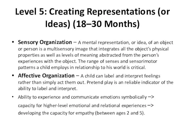 Level 5: Creating Representations (or Ideas) (18–30 Months) Sensory Organization –