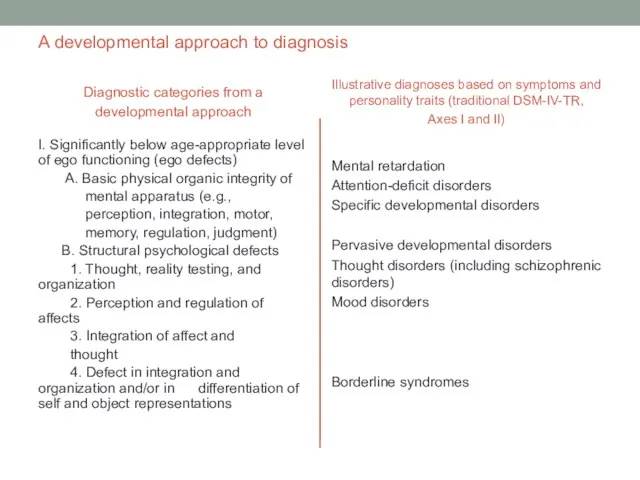 A developmental approach to diagnosis Diagnostic categories from a developmental approach