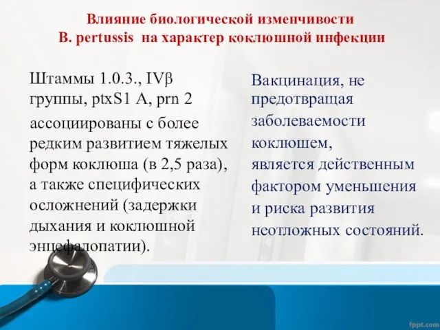 Влияние биологической изменчивости B. pertussis на характер коклюшной инфекции Штаммы 1.0.3.,