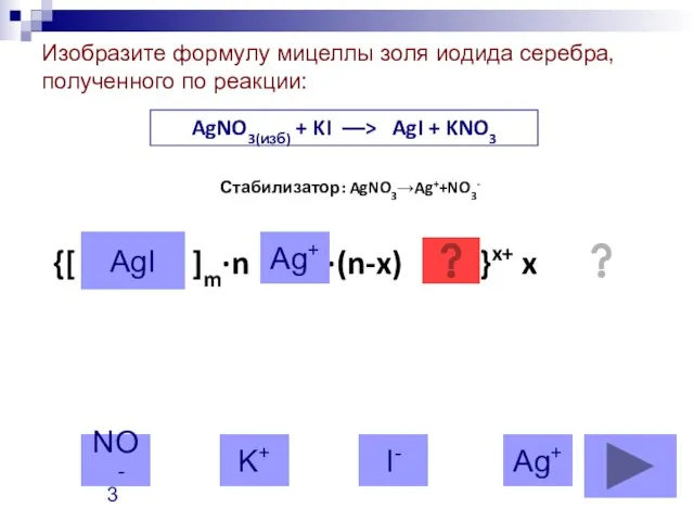AgNO3(изб) + KI ––> AgI + KNO3 Стабилизатор: AgNO3→Ag++NO3- {[ ]m·n