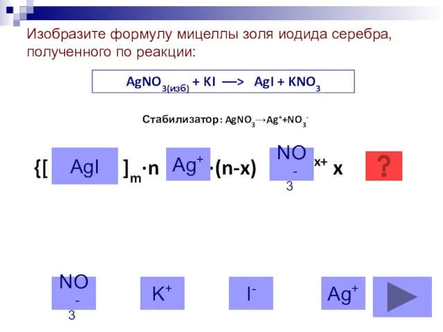 AgNO3(изб) + KI ––> AgI + KNO3 Стабилизатор: AgNO3→Ag++NO3- {[ ]m·n