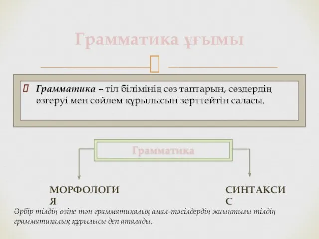 Грамматика – тіл білімінің сөз таптарын, сөздердің өзгеруі мен сөйлем құрылысын