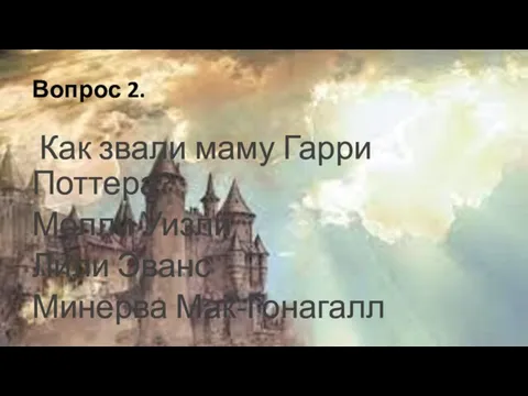 Вопрос 2. Как звали маму Гарри Поттера? Молли Уизли Лили Эванс Минерва Мак-Гонагалл