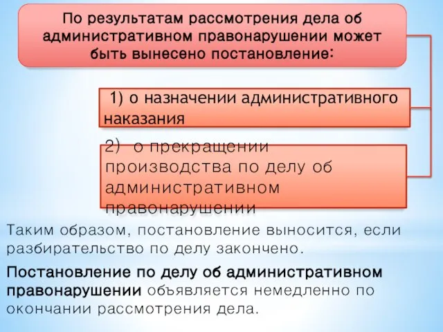 Таким образом, постановление выносится, если разбирательство по делу закончено. Постановление по