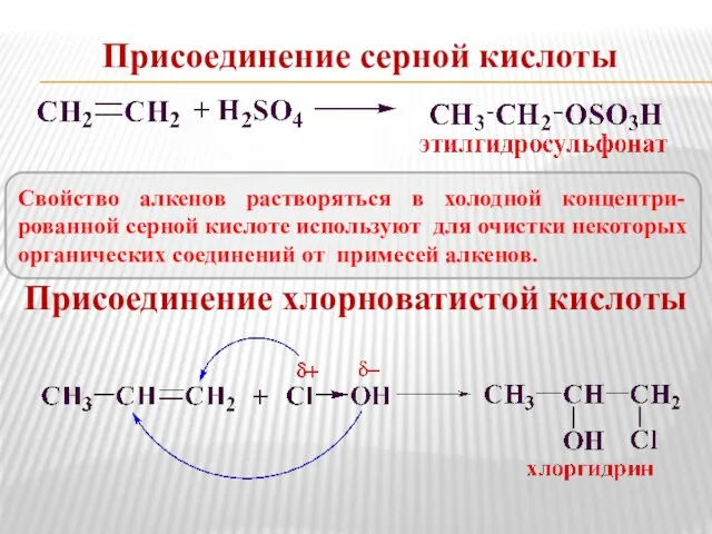 Присоединение серной кислоты Присоединение хлорноватистой кислоты Свойство алкенов растворяться в холодной