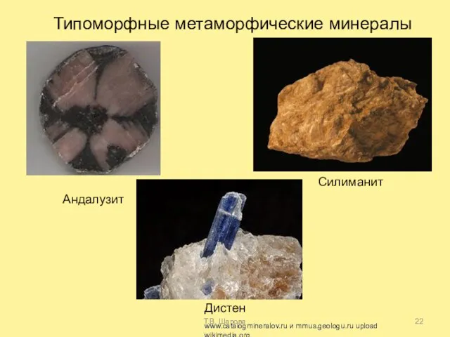 Т.В. Шарова Типоморфные метаморфические минералы Дистен Андалузит Силиманит www.catalogmineralov.ru и mmus.geologu.ru upload wikimedia.org