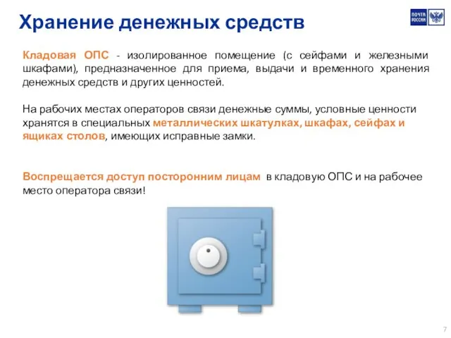 Хранение денежных средств Кладовая ОПС - изолированное помещение (с сейфами и