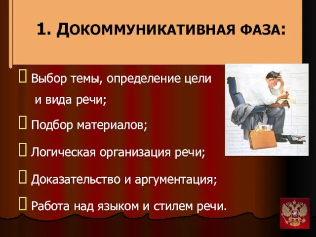 1. ДОКОММУНИКАТИВНАЯ ФАЗА: Выбор темы, определение цели и вида речи; Подбор