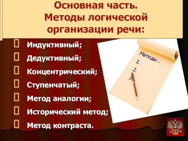 Основная часть. Методы логической организации речи: Индуктивный; Дедуктивный; Концентрический; Ступенчатый; Метод