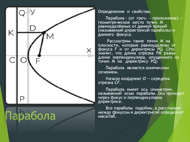 Парабола Определение и свойства: Парабола - (от греч. — приложение) —геометрическое