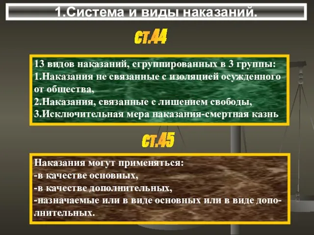 1.Система и виды наказаний. ст.44 13 видов наказаний, сгруппированных в 3