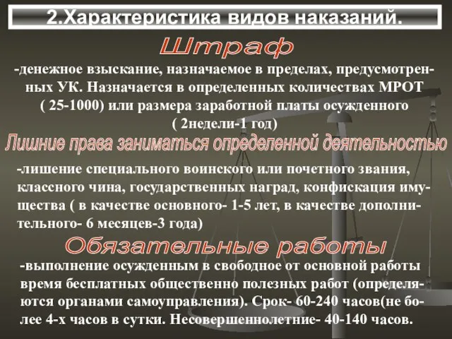 2.Характеристика видов наказаний. Лишние права заниматься определенной деятельностью -лишение специального воинского