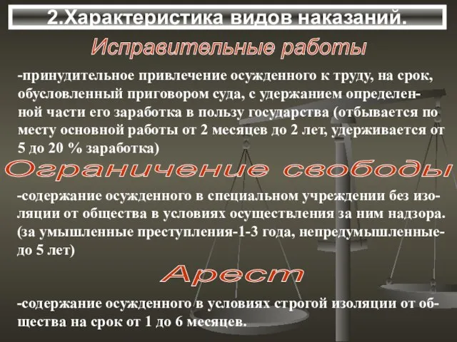 2.Характеристика видов наказаний. Ограничение свободы -содержание осужденного в специальном учреждении без