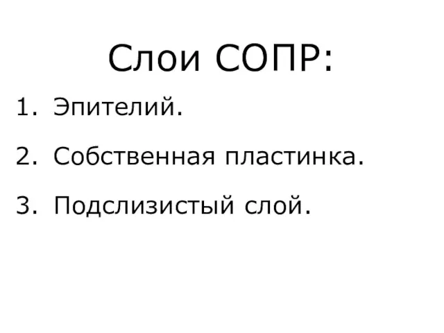 Слои СОПР: Эпителий. Собственная пластинка. Подслизистый слой.