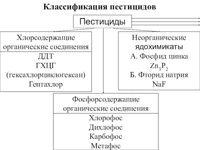 Пестициды Хлорсодержащие органические соединения ДДТ ГХЦГ (гексахлорциклогексан) Гептахлор Фосфорсодержащие органические соединения