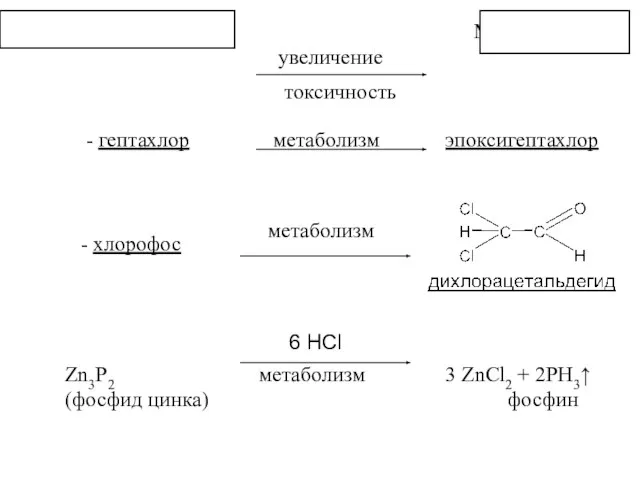 Нативные соединения Метаболиты увеличение токсичность - гептахлор эпоксигептахлор метаболизм - хлорофос