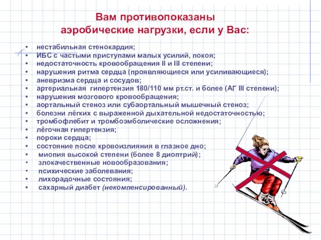 Вам противопоказаны аэробические нагрузки, если у Вас: нестабильная стенокардия; ИБС с