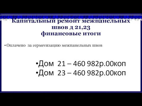 Капитальный ремонт межпанельных швов д 21,23 финансовые итоги Оплачено за герметизацию