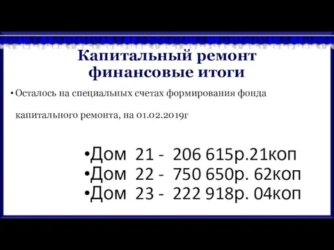 Капитальный ремонт финансовые итоги Осталось на специальных счетах формирования фонда капитального