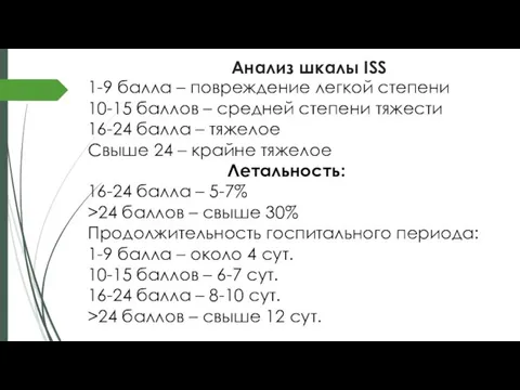 Анализ шкалы ISS 1-9 балла – повреждение легкой степени 10-15 баллов