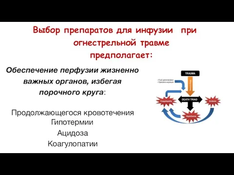 Выбор препаратов для инфузии при огнестрельной травме предполагает: Обеспечение перфузии жизненно