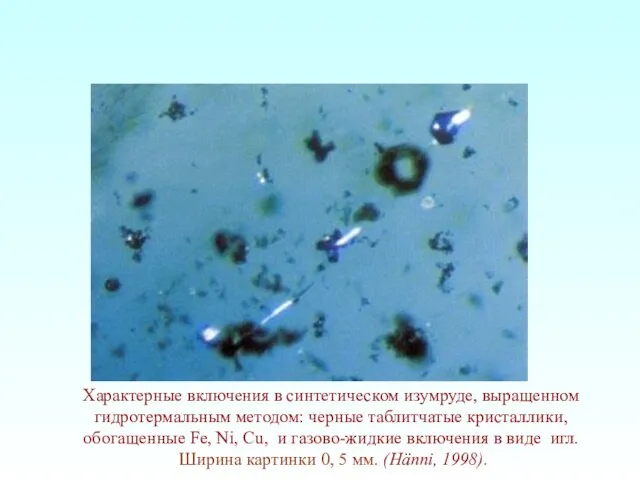Характерные включения в синтетическом изумруде, выращенном гидротермальным методом: черные таблитчатые кристаллики,
