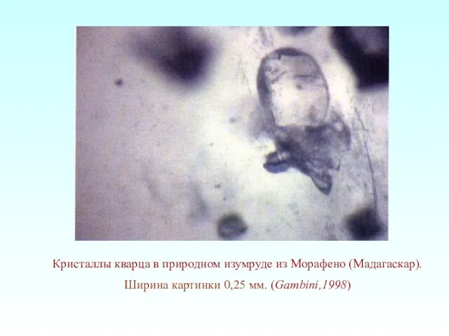 Кристаллы кварца в природном изумруде из Морафено (Мадагаскар). Ширина картинки 0,25 мм. (Gambini,1998)