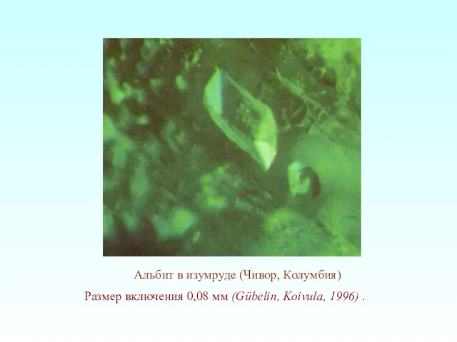 Альбит в изумруде (Чивор, Колумбия) Размер включения 0,08 мм (Gübelin, Koivula, 1996) .