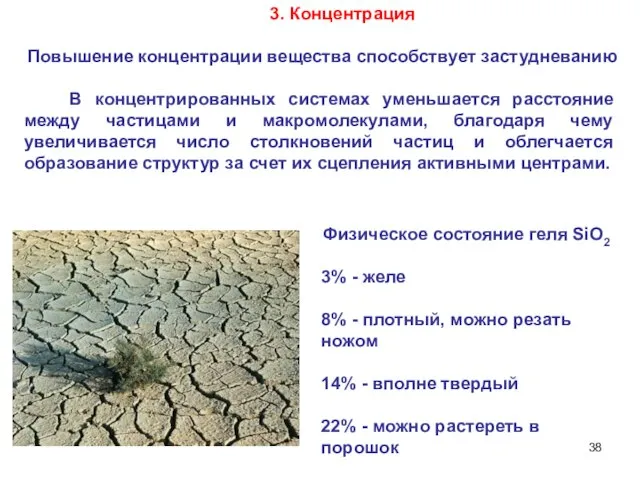 3. Концентрация Повышение концентрации вещества способствует застудневанию В концентрированных системах уменьшается