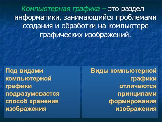 Под видами компьютерной графики подразумевается способ хранения изображения Виды компьютерной графики